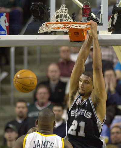 Duncan Hangs On The Rim After A Dunk