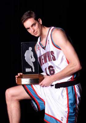 Pau Gasol Holds The 2002 Rookie Of The Year Award
